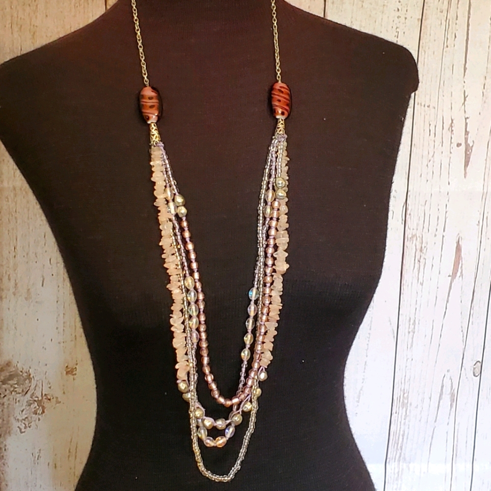 Silvertone lavender bead necklace with rose quartz